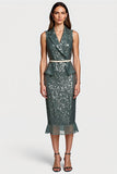 Sparkly Grey Green Notched Lapel Sequin Midi Pencil Holiday Party Dress