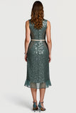Sparkly Grey Green Notched Lapel Sequin Midi Pencil Holiday Party Dress