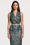 Sparkly Grey Green Notched Lapel Sequin Midi Pencil Holiday Party Dress