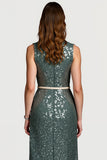 Sparkly Grey Green Notched Lapel Sequin Midi Pencil Holiday Party Dress