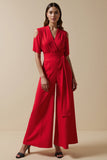 Red V-Neck Short Sleeves Cut Out Work Jumpsuits with Sash