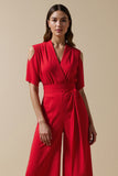 Red V-Neck Short Sleeves Cut Out Work Jumpsuits with Sash
