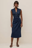Midi Navy V-Neck Satin Ruched Pencil Work Dress