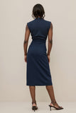 Midi Navy V-Neck Satin Ruched Pencil Work Dress