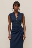 Midi Navy V-Neck Satin Ruched Pencil Work Dress