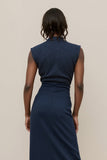 Midi Navy V-Neck Satin Ruched Pencil Work Dress