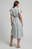 Light Blue Striped Cap Sleeves Loose Midi Work Dress with Sash