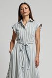 Light Blue Striped Cap Sleeves Loose Midi Work Dress with Sash