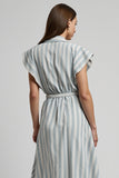 Light Blue Striped Cap Sleeves Loose Midi Work Dress with Sash
