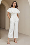 White Round Neck Maxi Work Jumpsuits with Lace