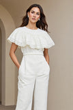White Round Neck Maxi Work Jumpsuits with Lace