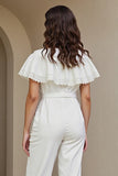 White Round Neck Maxi Work Jumpsuits with Lace