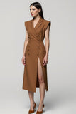 Midi Brown Notched Lapel Double Breasted Blazer Dress with Slit