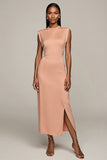 Maxi Blush Satin Round Neck Pencil Work Dress with Slit