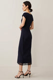 Navy Cap Sleeves Pencil Satin Maxi Work Dress with Lace