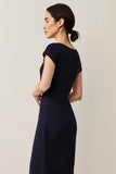 Navy Cap Sleeves Pencil Satin Maxi Work Dress with Lace
