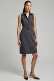 Dark Grey Pencil Single Breasted Sleeveless Short Blazer Dress with Belt