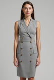 Grey Pencil Notched Lapel Buttons Short Blazer Dress with Belt