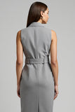 Grey Pencil Notched Lapel Buttons Short Blazer Dress with Belt