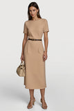 Camel Short Sleeves Boat Neck Pencil Midi Work Dress with Belt