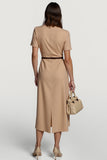Camel Short Sleeves Boat Neck Pencil Midi Work Dress with Belt
