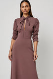 Grey Purple Long Sleeves Keyhole Pencil Maxi Work Dress with Sash
