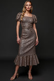 Sparkly Dark Grey Sequin Midi Holiday Party Dress with Puff Sleeves