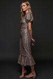 Sparkly Dark Grey Sequin Midi Holiday Party Dress with Puff Sleeves