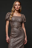 Sparkly Dark Grey Sequin Midi Holiday Party Dress with Puff Sleeves