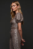 Sparkly Dark Grey Sequin Midi Holiday Party Dress with Puff Sleeves