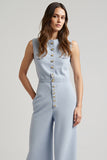 Blue Single Breasted Sleeveless Denim Work Jumpsuits with Pockets