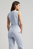 Blue Single Breasted Sleeveless Denim Work Jumpsuits with Pockets