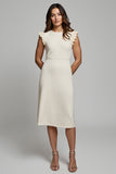 Ivory Midi Pencil Round Neck Work Dress with Ruffles