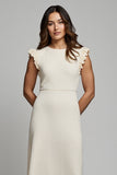 Ivory Midi Pencil Round Neck Work Dress with Ruffles