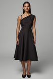 A Line Black Satin One Shoulder Midi Work Dress