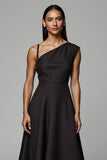 A Line Black Satin One Shoulder Midi Work Dress
