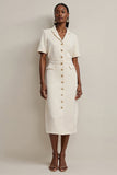 Ivory Notched Lapel Pencil Midi Blazer Dress with Buttons