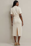 Ivory Notched Lapel Pencil Midi Blazer Dress with Buttons