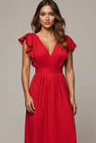 Maxi Red V-Neck A Line Wedding Guest Dress with Ruffles
