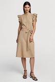 Midi Khaki Ruffled Pencil Work Dress with Sash