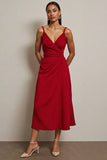 Red Ruched Spaghetti Straps Maxi A Line Semi Formal Dress