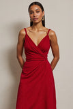 Red Ruched Spaghetti Straps Maxi A Line Semi Formal Dress