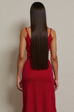 Red Ruched Spaghetti Straps Maxi A Line Semi Formal Dress