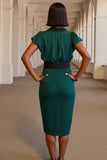 Dark Green Pencil V-Neck Cap Sleeves Midi Work Dress with Sash