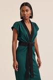 Dark Green Pencil V-Neck Cap Sleeves Midi Work Dress with Sash