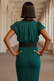 Dark Green Pencil V-Neck Cap Sleeves Midi Work Dress with Sash