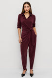 Burgundy Ruched Fitted Velvet Maxi Work Jumpsuits with Sash