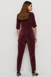 Burgundy Ruched Fitted Velvet Maxi Work Jumpsuits with Sash