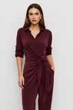 Burgundy Ruched Fitted Velvet Maxi Work Jumpsuits with Sash