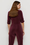 Burgundy Ruched Fitted Velvet Maxi Work Jumpsuits with Sash